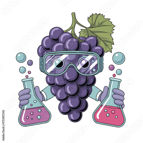 Whimsical cartoon bunch of purple grapes wearing safety goggles and holding beakers with colorful liquids in a science experiment