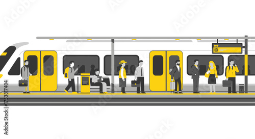 Stylized illustration of commuters waiting on a train platform