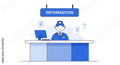 Stylized illustration of a train station information desk attendant
