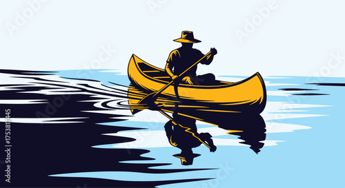 Solo adventurer paddles serene lake at sunrise, embracing peaceful journey and quiet contemplation in vibrant yellow canoe