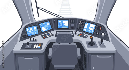 Stylized train cab interior, transportation technology, detailed illustration