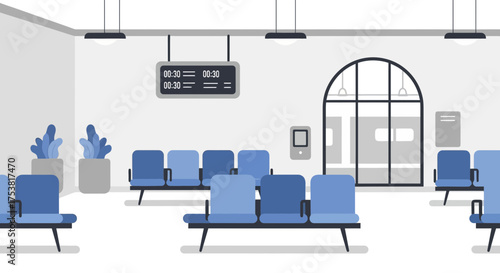 Tranquil Waiting Area with Train Visible Through Arched Window Illustration