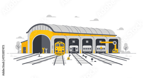 Train depot with maintenance and repair facility vector illustration