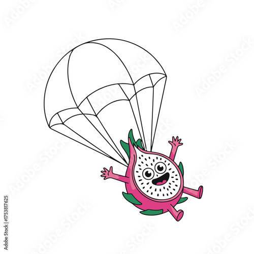 Whimsical cartoon dragon fruit character joyfully parachuting down with a wide smile and outstretched arms against a white background
