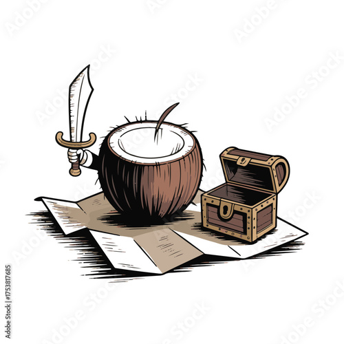 Whimsical cartoon illustration of a pirate coconut with a sword and treasure chest on a map