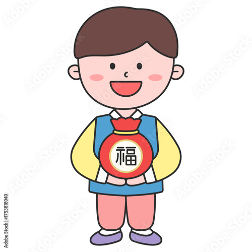 귀여운 한복 복주머니 소년 일러스트