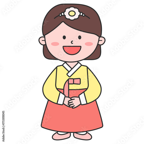 귀여운 여자아이 빨간 한복 일러스트