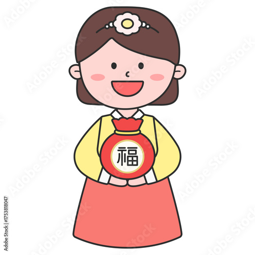 귀여운 한복 복주머니 소녀 일러스트