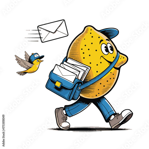 Whimsical cartoon lemon character dressed as a mail carrier delivering letters with a bird flying nearby