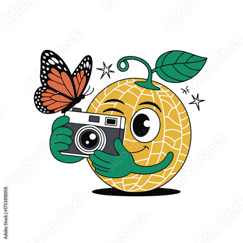 Whimsical cartoon orange fruit character with a vintage camera taking a picture of a butterfly with sparkling stars