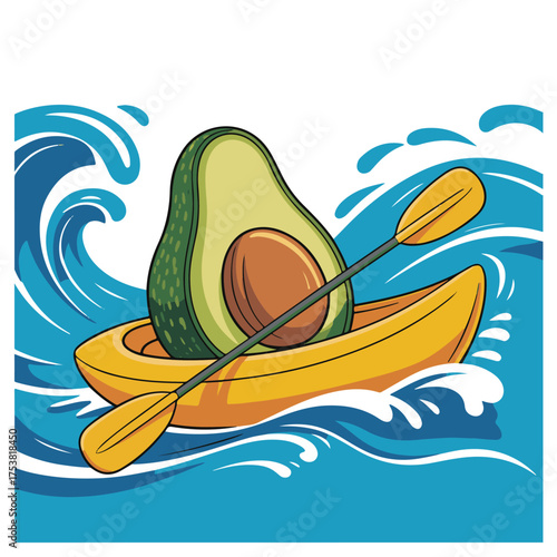 Whimsical illustration of a ripe avocado with a large pit paddling a yellow kayak through stylized blue ocean waves