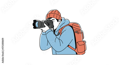 Adventurous traveler capturing stunning moments with professional camera and backpack, ready for exploration and discovery on a solo journey