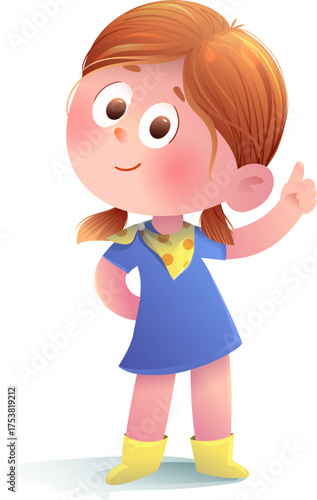 Cute smiling girl with pigtails pointing up. Adorable little baby girl character showing with finger up, mascot for children education. Hand drawn vector cartoon illustration for kids and children.