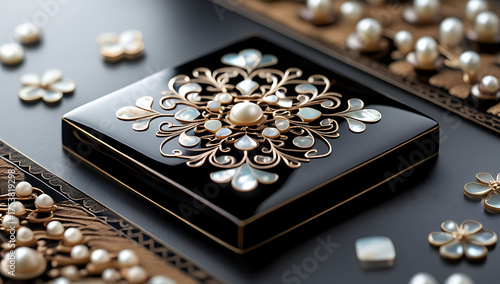 Korean Lacquerware Pattern Design, Intricate Mother-of-Pearl Inlay on Black Lacquer by traditional Korean Najeonchilgi	