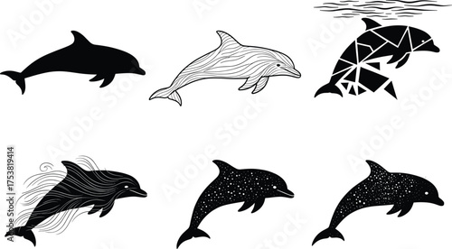 Dolphin silhouette, abstract dolphin art, geometric marine design, cosmic dolphin illustration, stylized aquatic animal, creative ocean vector, decorative sea creature set