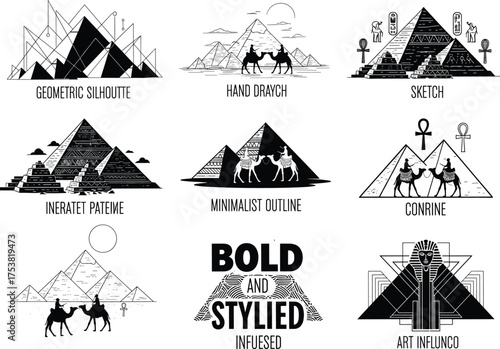 Egyptian pyramid design styles, geometric silhouette, hand drawn sketch, minimalist outline, art deco influence, cultural symbols, vector illustration, desert architecture, ancient heritage