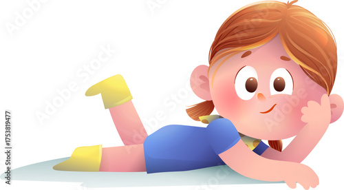 Cute little girl posing lying down with cute and funny expression on her face with big eyes. Adorable baby girl mascot character for children. Hand drawn child vector cartoon illustration for kids.