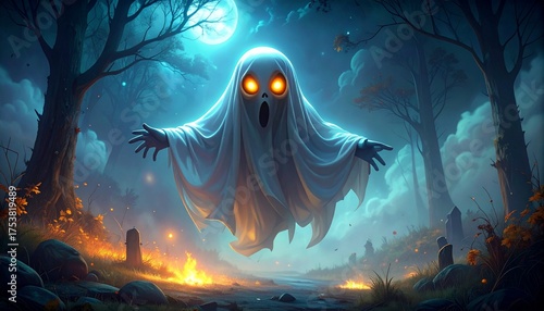 A spooky ghost floats towards you, its eyes glowing in the darkness