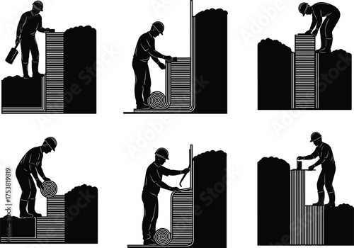 Construction worker applying insulation material, waterproofing process, wall installation steps, safety gear, silhouette vector, building maintenance, black and white illustration