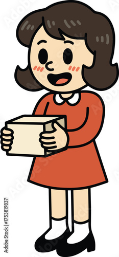 Smiling Cartoon Girl Holding a Small Package
