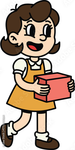 Cheerful Cartoon Girl Holding a Red Box
