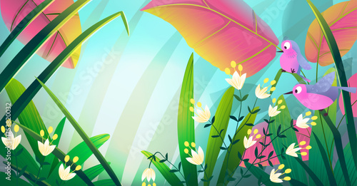 Little birds watching flowers among leaves and greenery in sunny forest or park. Colorful imaginary nature scenery. Fantasy scene for kids fairy tale book. Vector cartoon illustration for children.