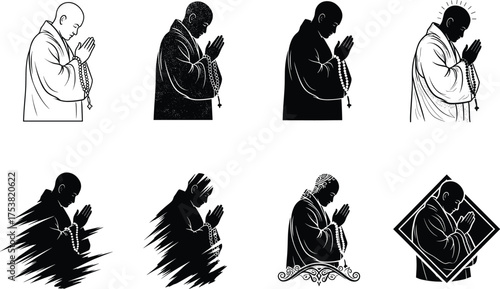 Praying monk illustrations, spiritual posture variations, religious vector set, rosary in hands, bowed head, robe figure, divine light, artistic styles, isolated icons