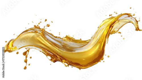 Golden liquid splash, dynamic and fluid.  A luxurious, golden liquid curves in a dramatic splash against a black background.  Small droplets and bursts of liquid accentuate the movement