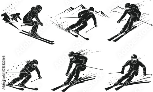 Skiing silhouette vector illustration, winter sports action, dynamic skier poses, snow motion art, alpine adventure, black and white extreme sport design