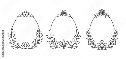 Three egg shaped linear frames decorated by floral elements as branches, leaves twigs blossom flowers. Monochrome black outline engraving borders. Fine ink contour, elegant natural botanical ornament