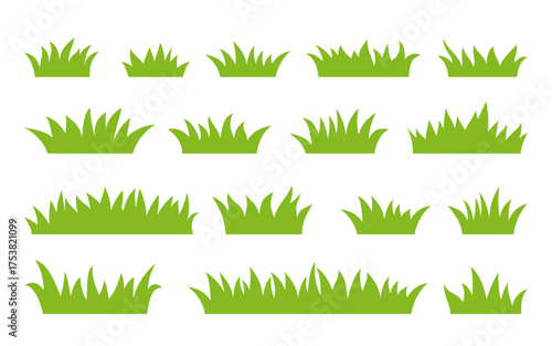 Green tufts grass in flat cartoon style set. Greenery blades, clumps, lawns vary sizes shapes. Herbage tufts rows, vegetation clumps curve gently. Simple spring or summer sward outline silhouette