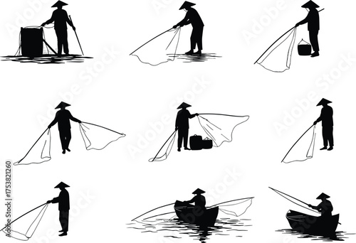 Traditional fishing silhouette vector, conical hat fisherman, net casting, boat rowing, Southeast Asian culture, black isolated icons, editable illustration set