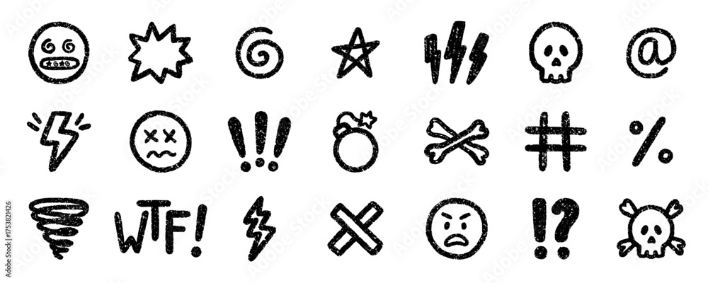 Fototapeta premium Crayon swear word and hate icons doodle set. Scribble angry comic symbol in sketch style. Hand drawn vector illustration isolated on white background