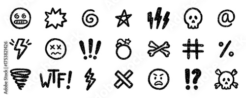Crayon swear word and hate icons doodle set. Scribble angry comic symbol in sketch style. Hand drawn vector illustration isolated on white background