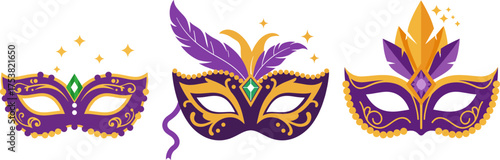 Colorful carnival masks in flat vector style with transparent background  