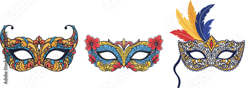 Colorful illustrated carnival masks in flat vector style, transparent background  