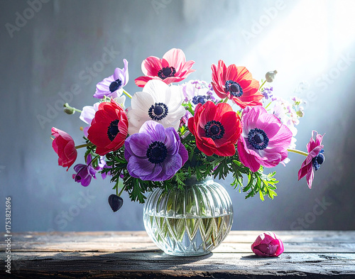 ドラマチックな光とアネモネの花