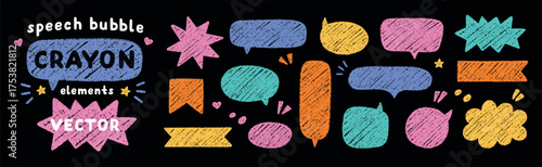 Crayon pencil speech bubbles doodle set. Hand drawn chalk communication frame, comic talk balloon in sketch style, Grunge texture. Vector illustration isolated on black background