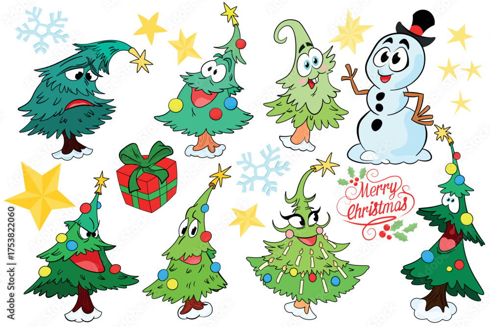 Fototapeta premium Set of funny Christmas trees. Characters with faces. Various emotions. Cartoon style. Merry Christmas, New year concept. Trees with garland with lights. Hand drawn Vector illustration.