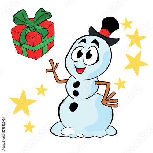 Cute kawaii snowman in a top hat with a gift, charming festive illustration. Winter, Christmas, and New Year, hand-drawn clip art. Vector illustration on a white background.