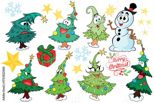 Set of funny Christmas trees. Characters with faces. Various emotions. Cartoon style. Merry Christmas, New year concept. Trees with garland with lights. Hand drawn Vector illustration.