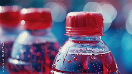 Three bottles of a beverage with a red cap. The cap is red and has a white stripe