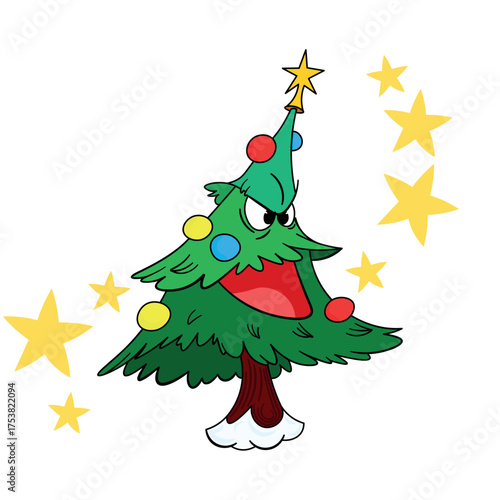 A character in the shape of a Christmas tree with an angry face, decorated with garlands. Surrounded by stars. With a star and decorations—a charming illustration of a festive day. 