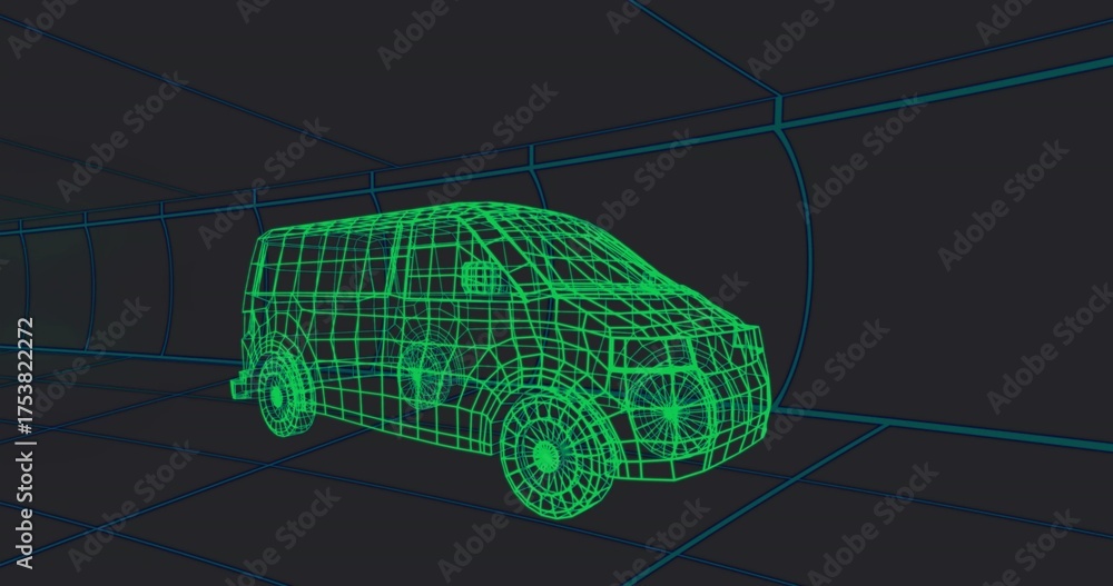 Fototapeta premium Rendering neon green wireframe passenger van gliding inside tunnel, featuring teal grid lines in 3D