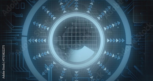 Presenting neon-blue interface hovering on virtual control panel, with concentric rings and arrows