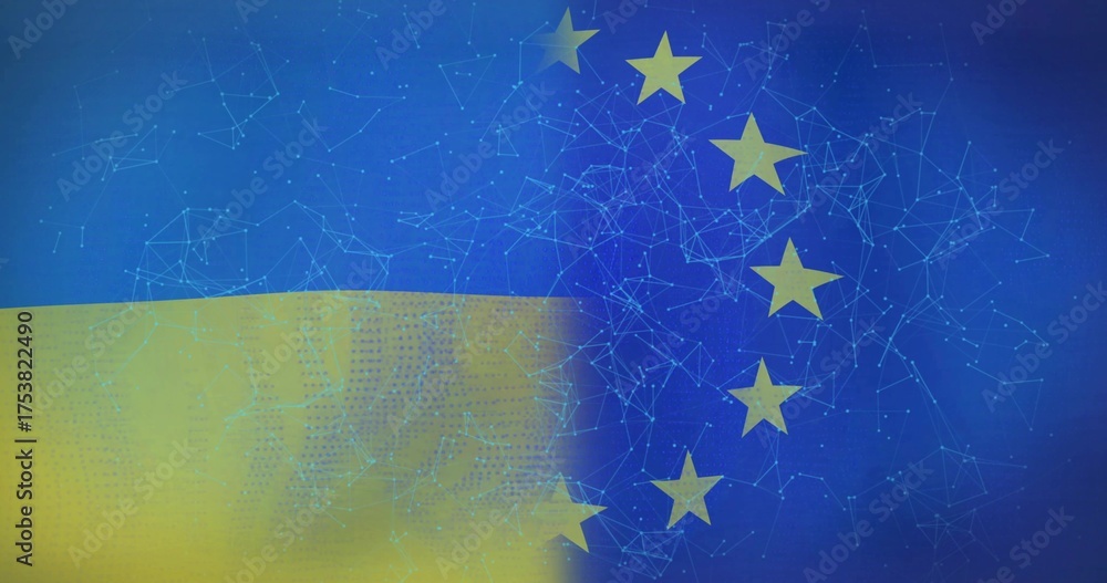 Fototapeta premium Merging stylized Ukrainian and EU flag fields in digital graphic space, with yellow EU stars