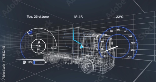 Showing wireframe semi-truck in grid, with overlays of eco-power, range and speedometer gauges