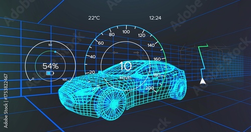 Floating wireframe car inside grid lab, showing speedometer, battery, temp, clock, navigation arrow