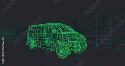 Displaying neon green wireframe van model in 3D modeling workspace, with teal grid lines