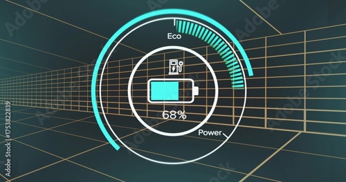 Circular gauge UI showing 68% battery charging in digital wireframe corridor with Eco Power labels